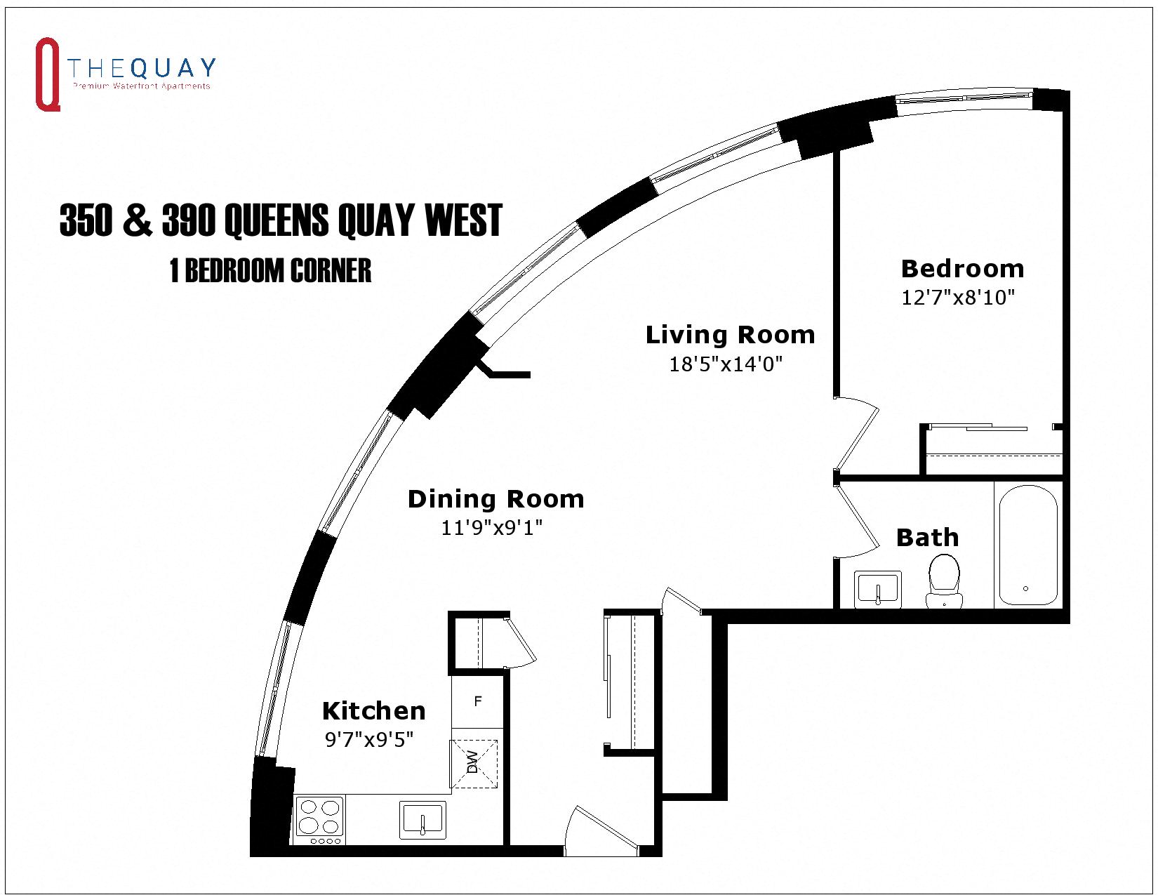 Floor plan for 1 bed, 1 bath, 639 sqft